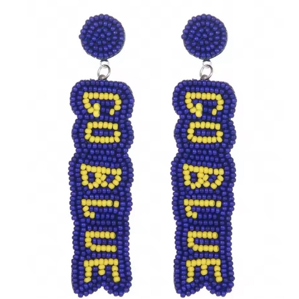 Beaded GO BLUE Sports Earrings Handwoven Bohemia Yellow & Blue Color Block